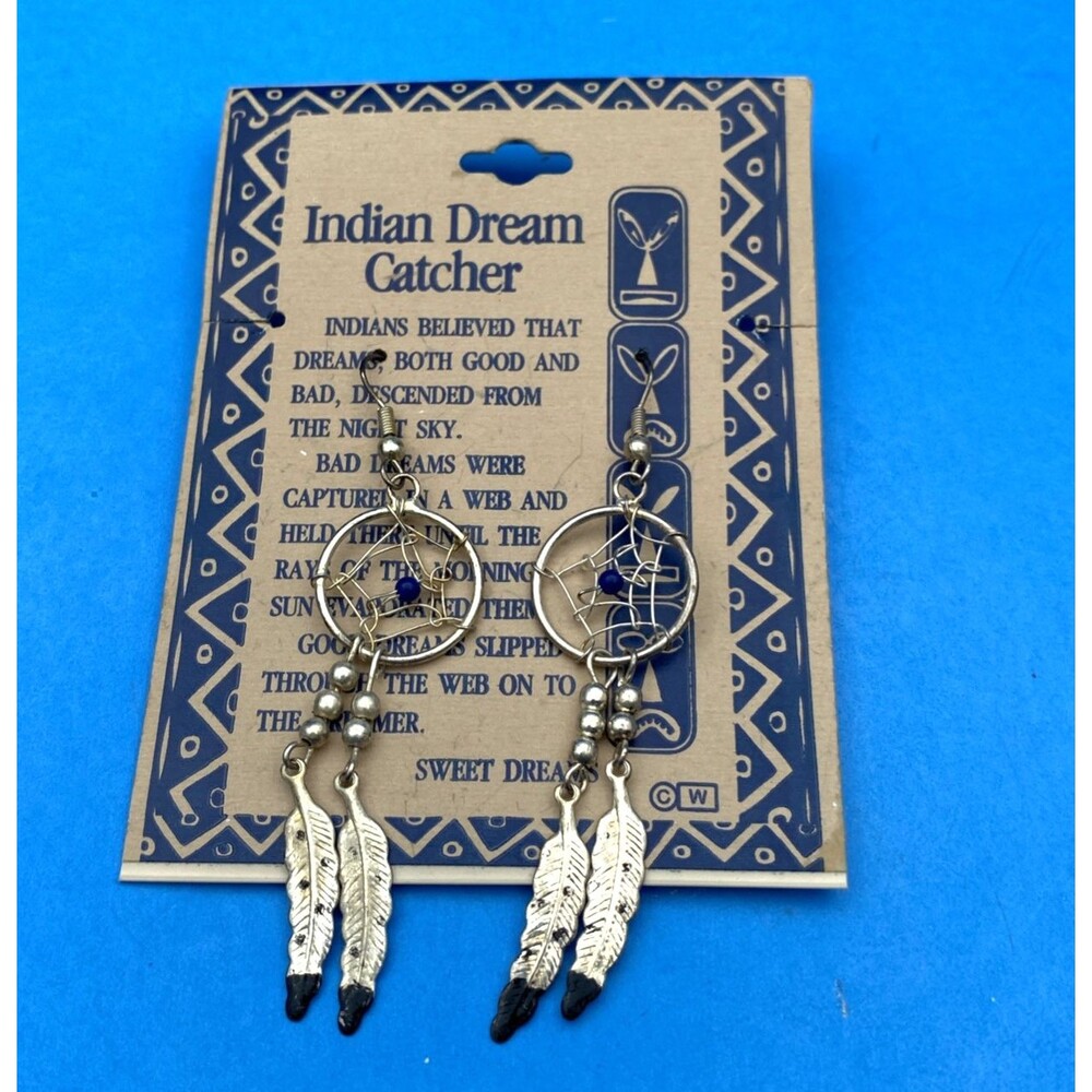 Vintage Silver Tone Dreamcatcher Earrings With Feathers Faux Turquoise Indian